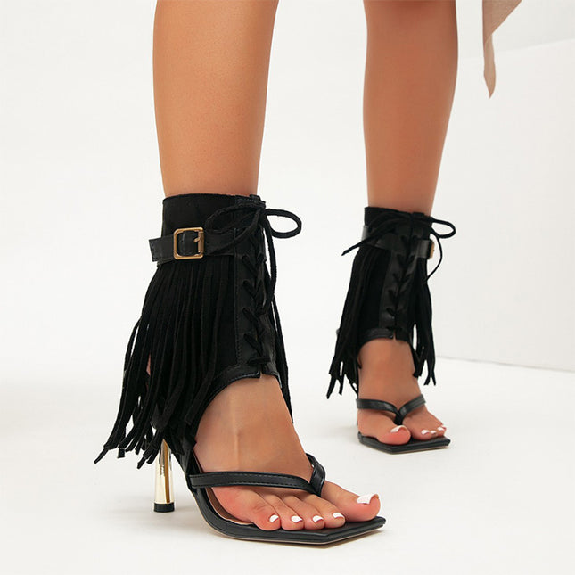 Shoeswoon Fringe Tassel Lace-Up Thong Square Toe Metallic Stiletto Gladiator Sandals