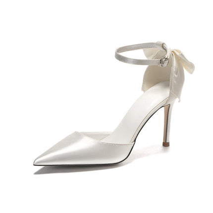 Shoeswoon Everafter Romance Bow Back Ankle Strap Stiletto Pumps