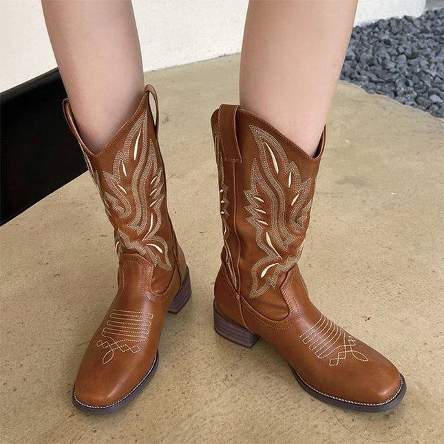 Shoeswoon Brown Retro Embroidered Mid Calf Cowboy Boots