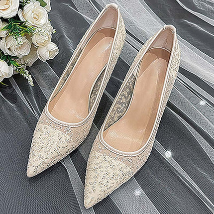 Shoeswoon Delicate Mesh Glitter Fabric Pointed Toe Formal Evening Heels