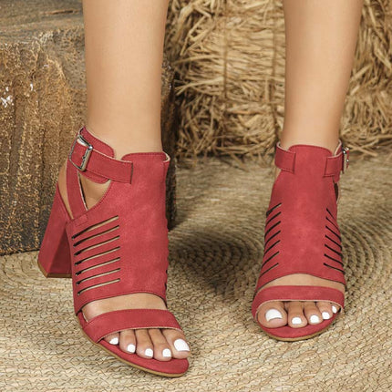 Shoeswoon Vertical Cutout Open Toe Buckle Strap Block Heel Ankle Sandals