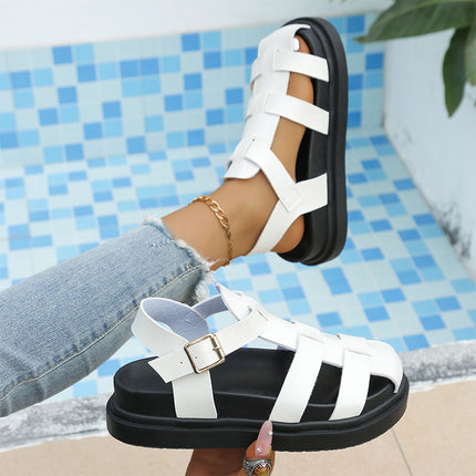 Shoeswoon Color Block Closed Toe Buckle Flat Fisherman Sandals