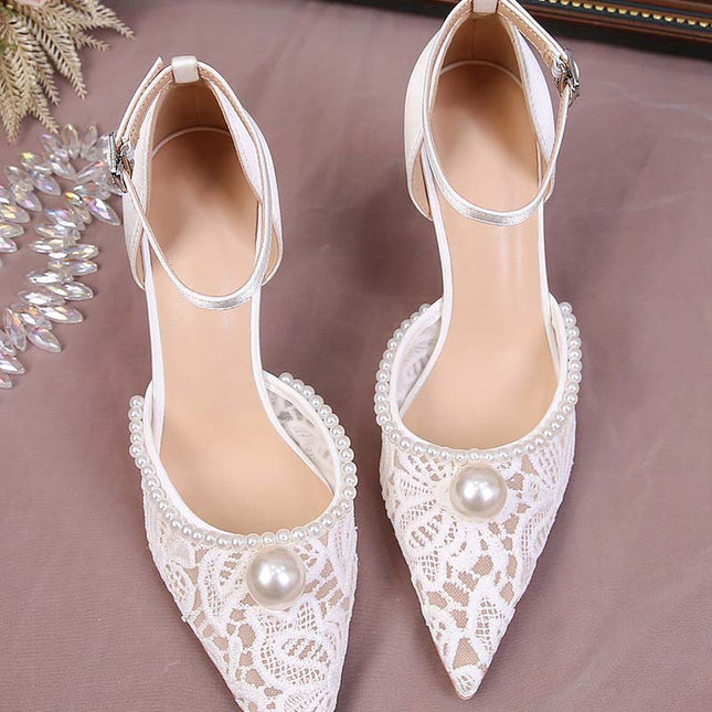 Shoeswoon Sheer Crochet Lace Single Pearl Ankle Buckle Bridal High Heels