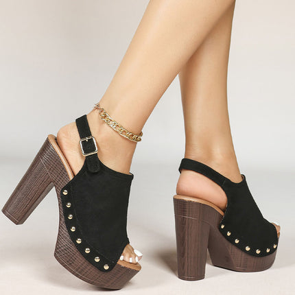 Shoeswoon Studded Peep Toe Wooden Platform Block Heel Slingback Sandals
