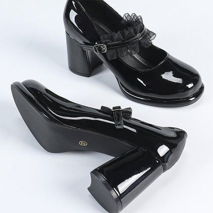 Shoeswoon Round Toe Ruffle Ankle Strap Platform Block Heels