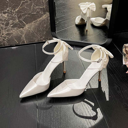 Shoeswoon Everafter Romance Bow Back Ankle Strap Stiletto Pumps