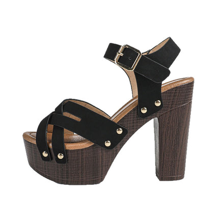 Shoeswoon Boho Summer Multi Strap Ankle Buckle Wooden Effect Platform Sandals