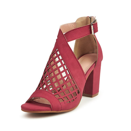 Shoeswoon Lattice Cutout Peep Toe Buckle Strap Block Heel Ankle Sandals