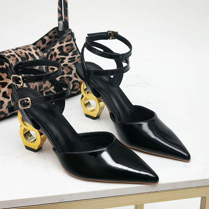 Shoeswoon Sharp Pointed Toe Double Buckle Adjustable Metallic Sculpted Heel Ankle Strap Heels