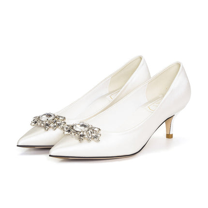 Shoeswoon Elegant Pointed Toe Cluster Crystal Kitten Heel Slip On Heels