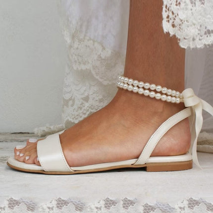 Shoeswoon Elegant Pearl Ankle Wrap Open Toe Ankle Tie Flat Sandals