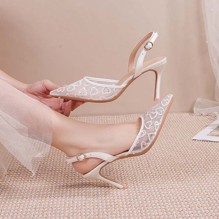 Shoeswoon Sheer Mesh Love Pattern Slingback Stiletto High Heels