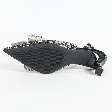 Shoeswoon Leopard Print Rhinestone Bow Pointed Toe Slingback Heels