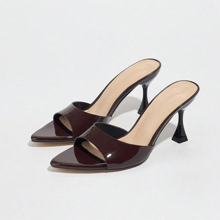 Shoeswoon Glossy Single Strap Pointed Flared Heel Slide Slippers