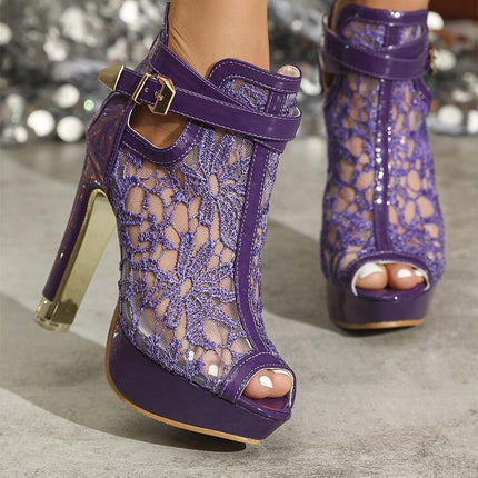 Shoeswoon Elegant Hollow Lace Peep Toe Ankle Strap Platform Booties