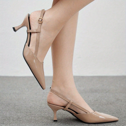Shoeswoon Nude Patent Leather Pointed Toe Slingback Heels