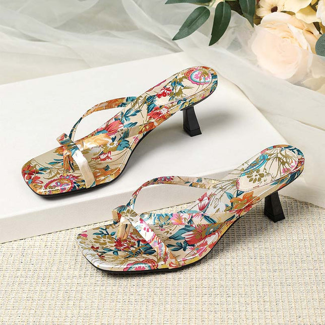 Shoeswoon Multicolor Chic Minimalist Square Toe Heeled Thong Sandals