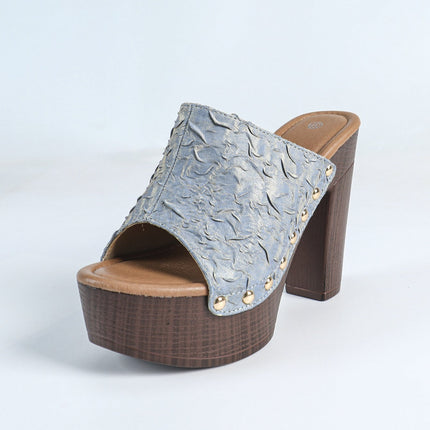 Shoeswoon Rivet Peep Toe Slip On Chunky Heels