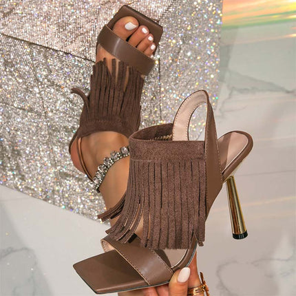 Shoeswoon Fringe Tassel Slingback Square Toe Metallic Stiletto Heel Sandals