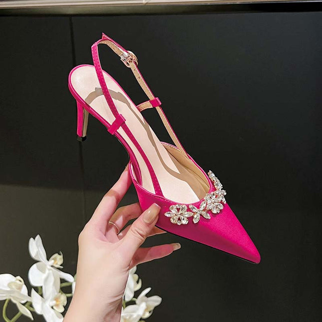 Shoeswoon Luxury Crystal Floral Satin Slingback Formal Party High Heels