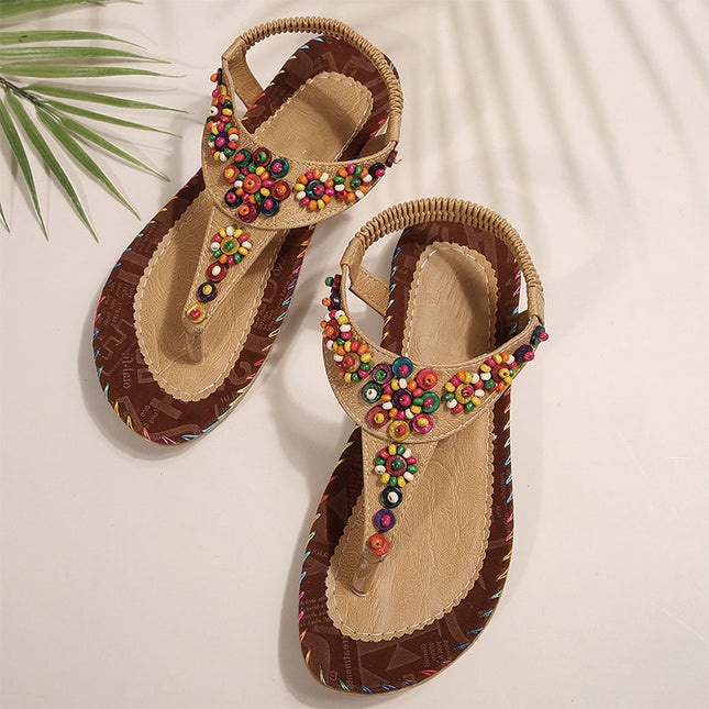 Shoeswoon Colorful Beaded Thong Slingback Flat Sandals