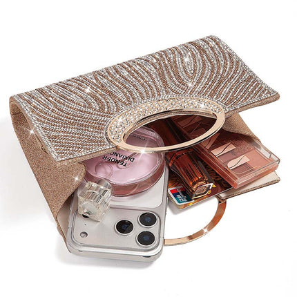 Shoeswoon Dazzling Full Rhinestone Wave Pattern Ring Handle Evening Clutch