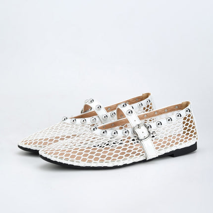 Shoeswoon Chic Studded Mesh Mary Jane Flats