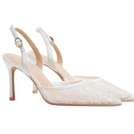 Shoeswoon Elegant Pearl-Embellished Mesh Pointed Toe Slingback Stiletto Heels