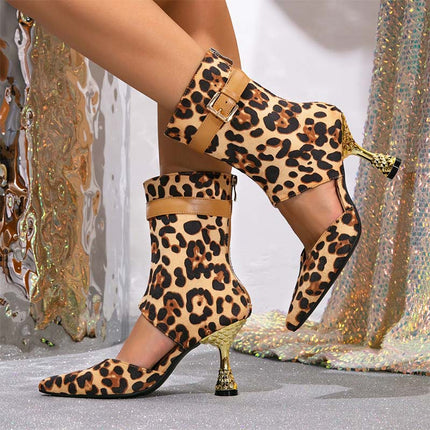 Shoeswoon Leopard Print Pointed Toe Cutout Spiked Heel Ankle Boots