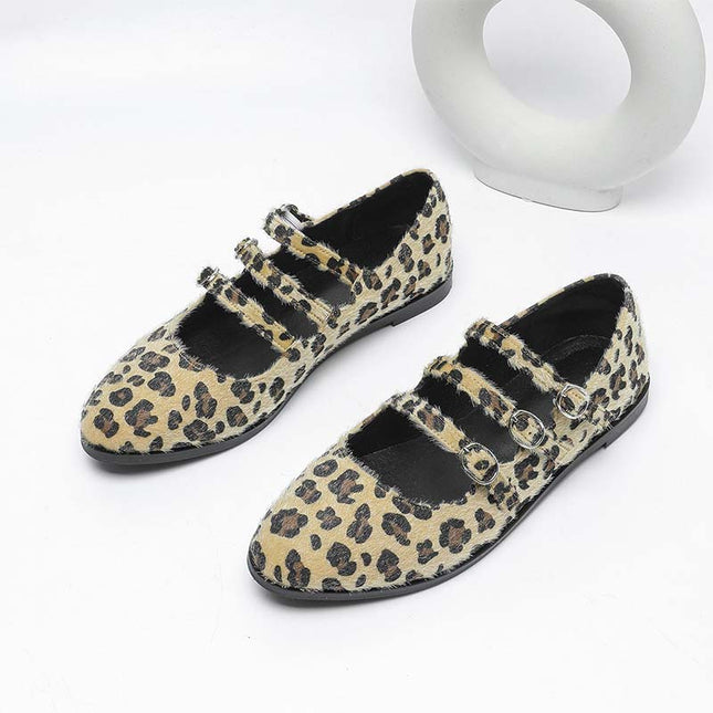 Shoeswoon Furry Leopard Adjustable Buckle Casual Mary Jane