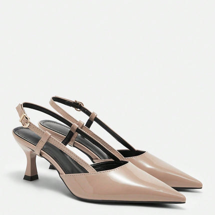 Shoeswoon Nude Patent Leather Pointed Toe Slingback Heels