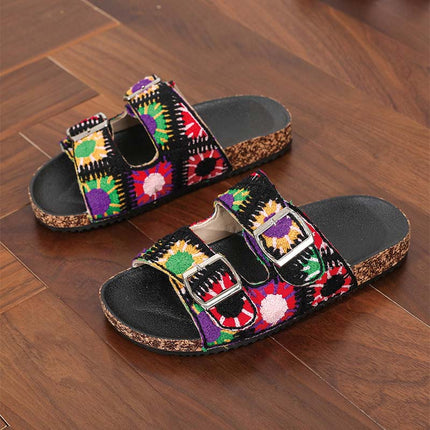 Shoeswoon Ethnic Pattern Double Buckle Flat Slides Birkenstock