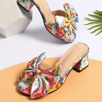 Shoeswoon Floral Bow Open Toe Block Heel Mule Slippers