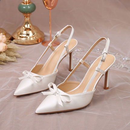 Shoeswoon Elegant Bow Decor Satin Pointed Toe Slingback Stiletto Heels