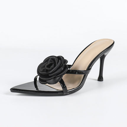 Shoeswoon Rose Flower Pointed Toe Stiletto Heel Mule Sandals