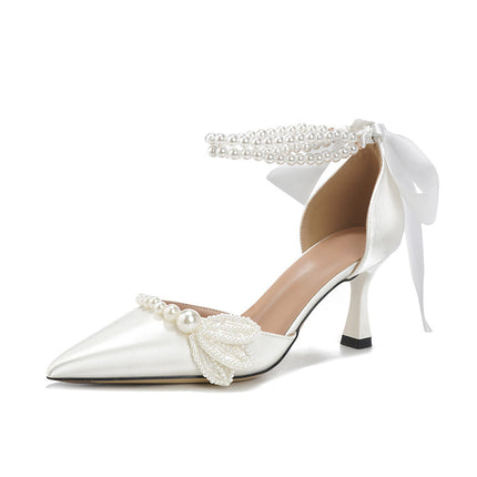 Shoeswoon Romantic Pointed Toe Pearl Bow Medium Heel Ankle Wrap Heels