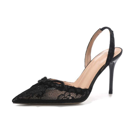 Shoeswoon Sheer Hollow Lace Front Bow Elegant Evening Slingback Heels