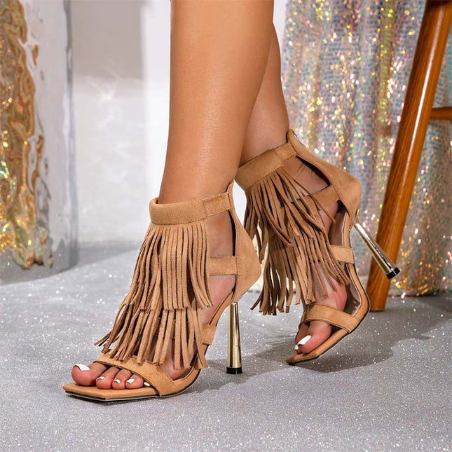 Shoeswoon Layered Fringe Tassel Square Toe Cutout Metallic Stiletto Ankle Sandals