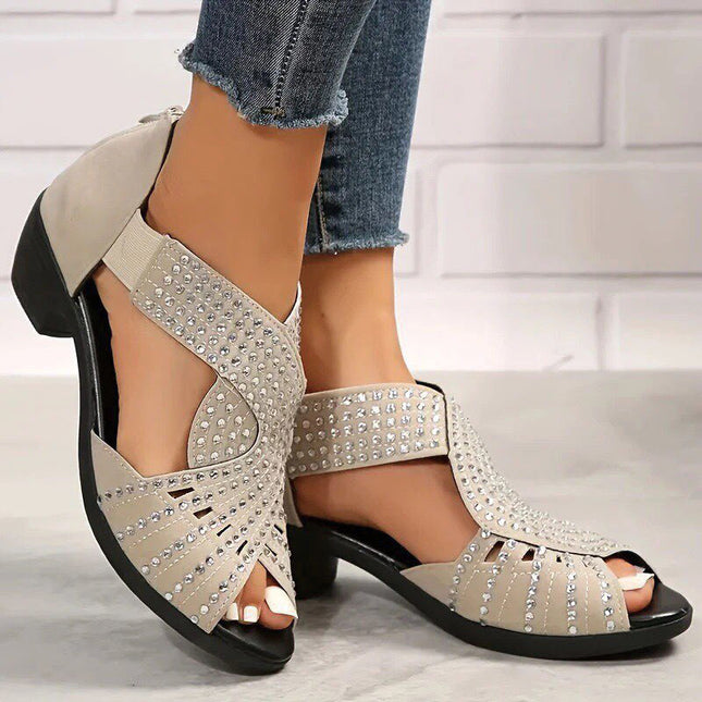 Shoeswoon Stylish Rhinestone Embellished Peep Toe Cut Out Chunky Sandals