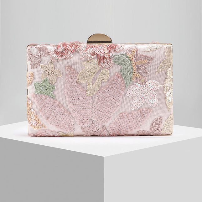 Shoeswoon Elegant Floral Embroidered Sequin Beaded Box Evening Clutch