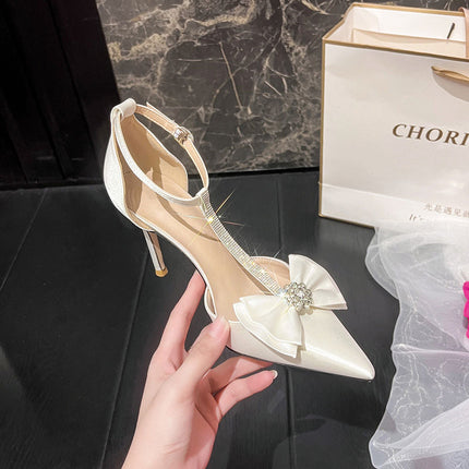 Shoeswoon Elegant Bow Crystal Satin Pointed Toe T-Strap Stiletto Heels