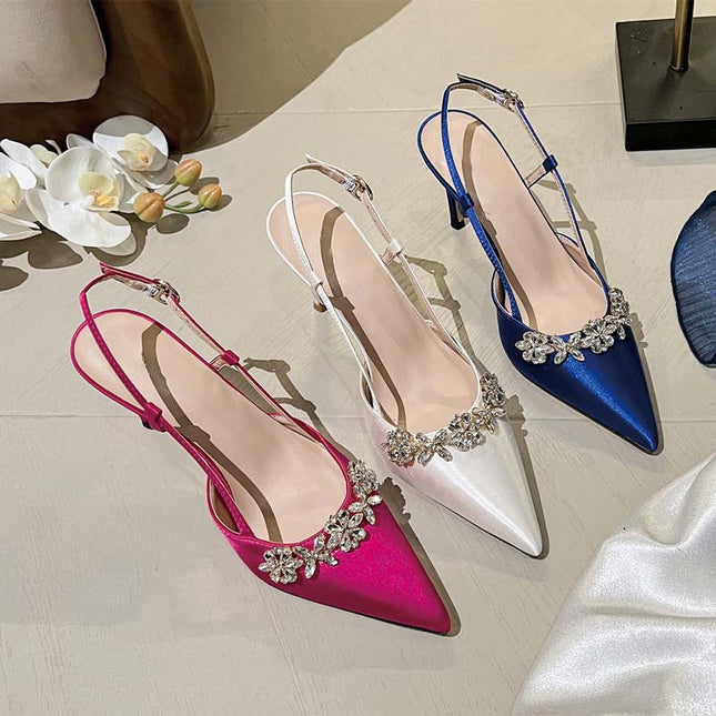Shoeswoon Luxury Crystal Floral Satin Slingback Formal Party High Heels