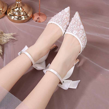 Shoeswoon Elegant Satin Bow Ankle Strap Stiletto High Heels