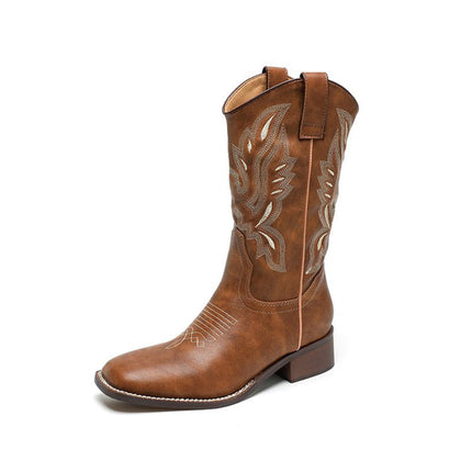 Shoeswoon Brown Retro Embroidered Mid Calf Cowboy Boots