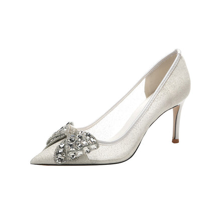 Shoeswoon Elegant Pointed Toe Rhinestone Bow Stiletto Slip On Heels