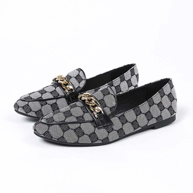 Shoeswoon Plaid Pattern Gold Chain Decor Slip On Loafers