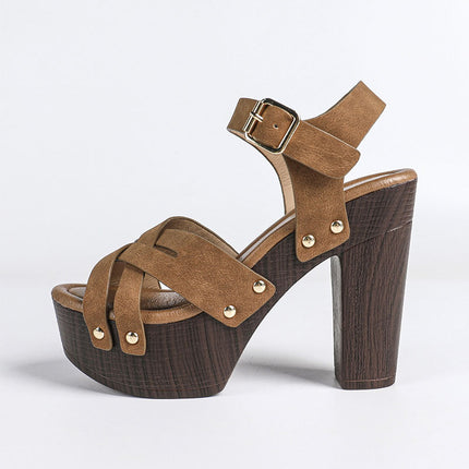 Shoeswoon Boho Summer Multi Strap Ankle Buckle Wooden Effect Platform Sandals