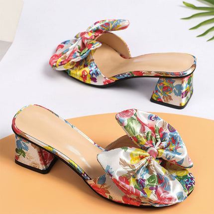 Shoeswoon Floral Bow Open Toe Block Heel Mule Slippers