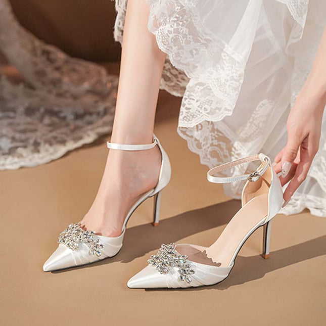 Shoeswoon Ruched Satin Crystal Pointed Toe Stiletto High Heels
