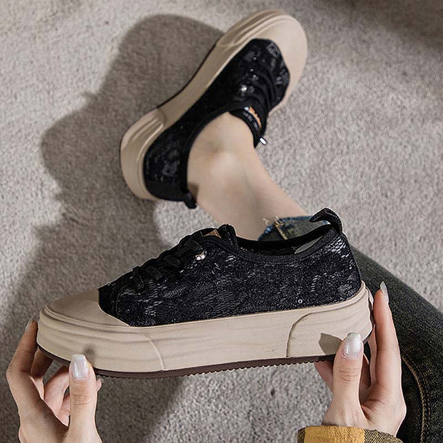 Shoeswoon Lace Sequin Mesh Platform Slip On Sneakers